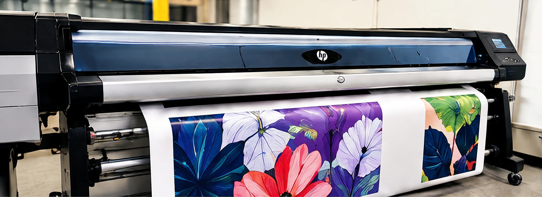 Large format printer producing colorful floral graphics