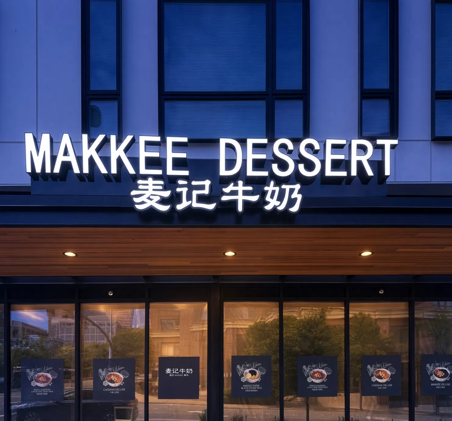 Illuminated Makkee Dessert channel letters on a storefront at dusk